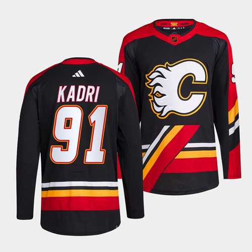 Mens Calgary Flames #91 Nazem Kadri Black 2022-23 Reverse Retro Stitched Jersey Dzhi